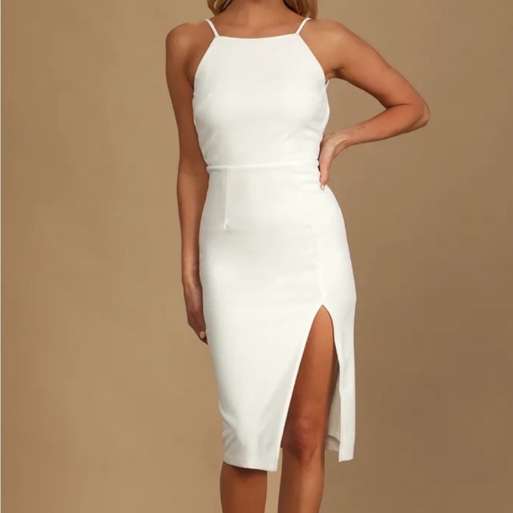 White Bodycon Midi Dress With Slit